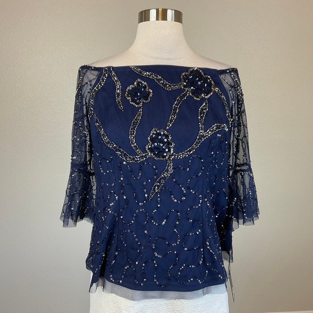 Adrianna Papell Blue Blouse Beaded Off the Shoulder Chiffon Long Sleeve Size 8 - Picture 2 of 10